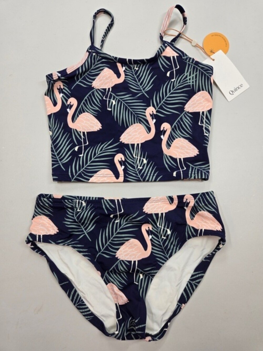 NWT QUINCE Tankini Swimsuit Kid Girl’s Size 12 Flamingo Palms 7818